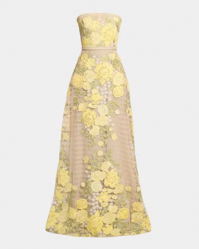 Elie Saab Strapless Floral Embroidered Tulle A-line Gown In Multicolor