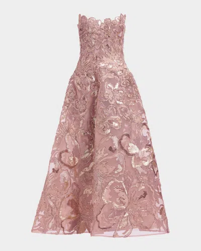 Elie Saab Strapless Floral Sequined Tea-length Gown In Pink