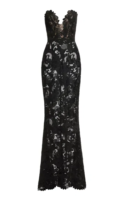 Elie Saab Strapless Lace Maxi Dress In Black