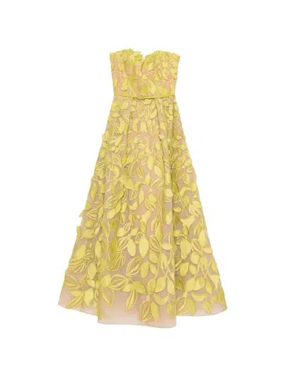 Elie Saab Strapless Leaf Applique Dress In Green