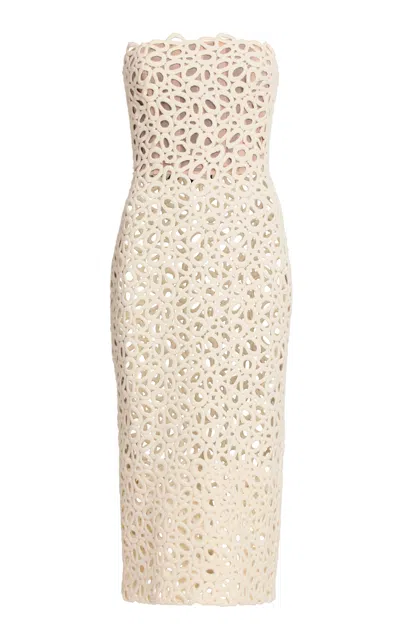 Elie Saab Strapless Macrame Midi Dress In White