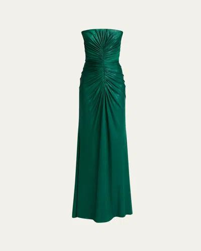 Elie Saab Strapless Ruched Coated Jersey Gown In Green