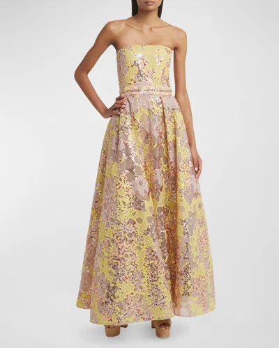 Elie Saab Strapless Sequined Tulle Gown In Yellow