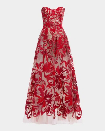 Elie Saab Strapless Sequined Velvet Floral Tulle Gown In Multi