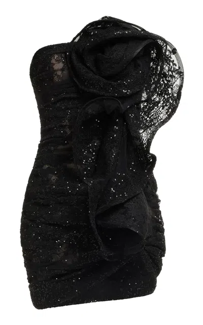 Elie Saab Structural Ruffle Embroidered Mini Dress In Black