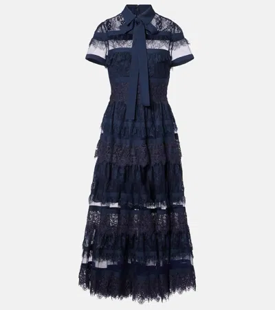 Elie Saab Tie-neck Lace Midi Dress In Blue