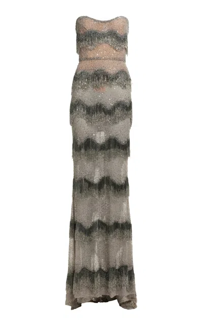 Elie Saab Tiered Beaded-fringe Silk-blend Maxi Dress In Silver