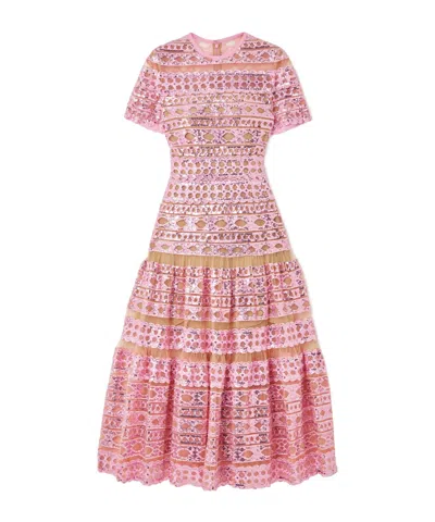 Elie Saab Tiered Embroidered Sequined Tulle Midi Dress In Pink