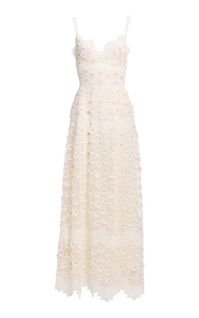 Elie Saab Tulle Embr. Macrame Midi Dress In White