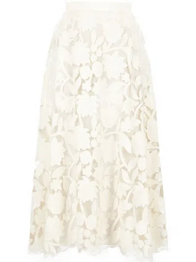 Elie Saab Tulle Embroidered Midi Skirt In White