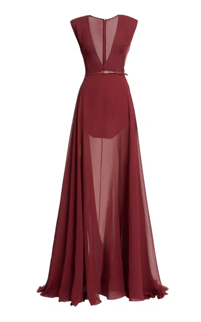 Elie Saab V-neck Double-georgette Maxi Dress In Burgundy