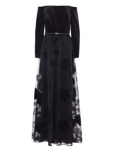 ELIE SAAB VELVET FLORAL-EMBROIDERED TULLE DRESS