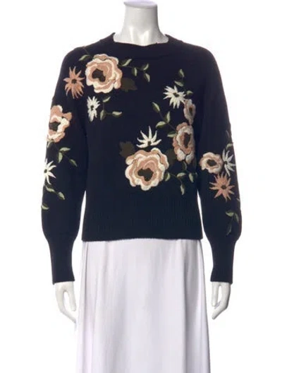 Pre-owned Elie Saab Virgin Wool Floral Print Sweater In Blue
