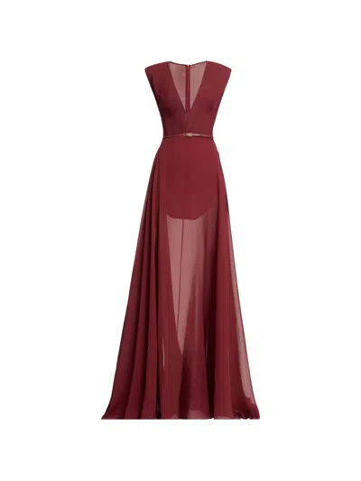 Elie Saab V-neck Belted Maxi Dress In Red