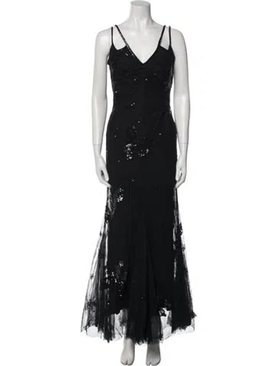 Pre-owned Elie Saab V-neck Long Dress In Black