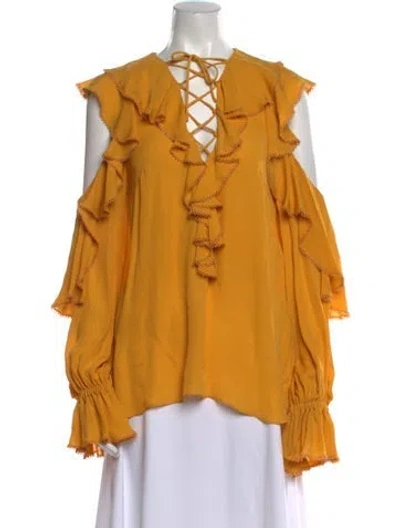 Pre-owned Elie Saab V-neck Long Sleeve Blouse W/ Tags In Yellow