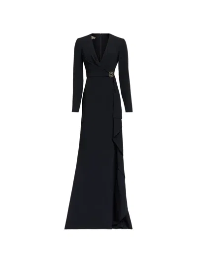 Elie Saab V-neck Ruffled-trim Maxi Dress In Black