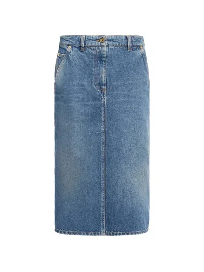 Elie Saab Washed-denim Pencil Midi Skirt In Blue
