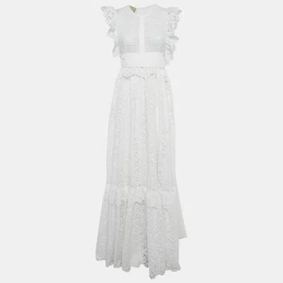 Pre-owned Elie Saab White Broderie Anglaise Cotton Tiered Maxi Dress M