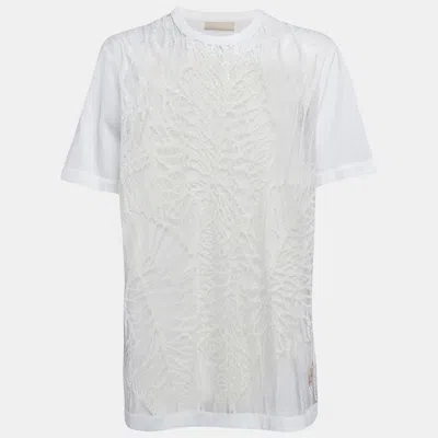 Pre-owned Elie Saab White Embroidered Tulle And Cotton Knit Sheer T-shirt S