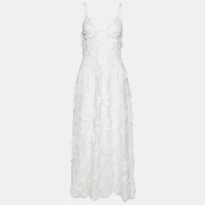 Pre-owned Elie Saab White Floral Appliqued Tulle Midi Dress S