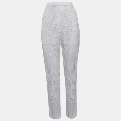 Pre-owned Elie Saab White Sequin Embroidered Tulle Straight Fit Trousers S