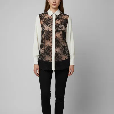 Pre-owned Elie Saab White/black Crepe And Lace Paneled Blouse L