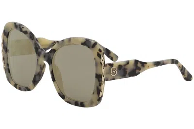 Elie Saab Women's Es 030/s Sunglasses In Black Tortoise/blue Lenses With Gold Mirror In Brown
