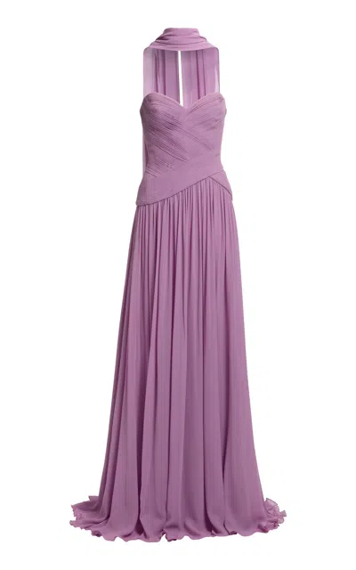Elie Saab Wrapped Bodice Silk-blend Maxi Dress In Purple