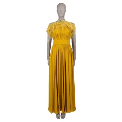 Pre-owned Elie Saab Yellow Silk 2022 Feather Trimmed Strapless Gown Dress 36 Xs