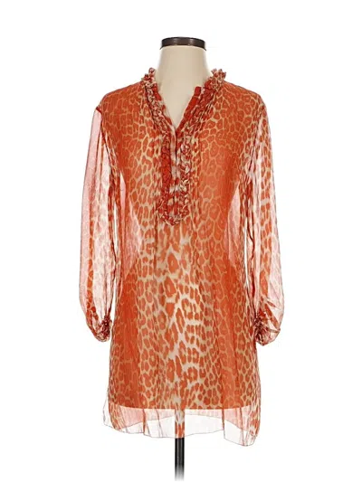 Pre-owned Elie Tahari 3/4 Sleeve Silk Top Orange Animal Print Pattern Plunge Neckline Tops