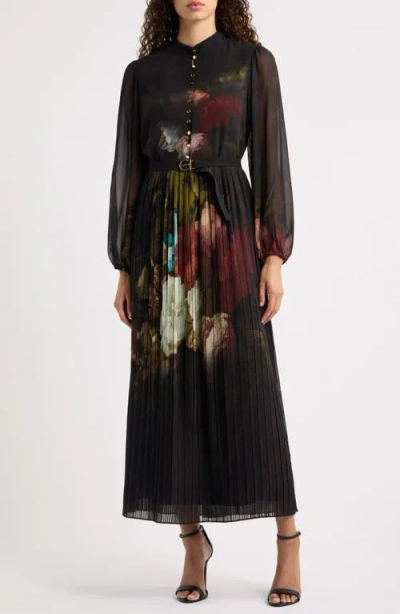 Elie Tahari Adira Floral Long Sleeve Midi Dress In Black