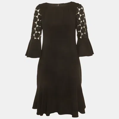 Elie Tahari Black Lace Sleeve Crepe Short Dress In Brown