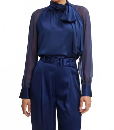 Elie Tahari Chiffon Silk Tie Shirt In Midnight In Blue