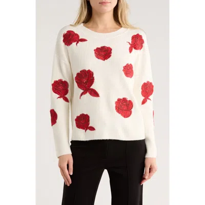 Elie Tahari Embroidered Rose Sweater In White