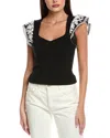 Elie Tahari Emily Embroidered Flutter Sleeve Sweater In Black