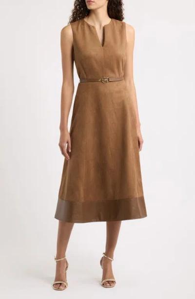 Elie Tahari The Paisley Belted Faux Suede Dress In Brown