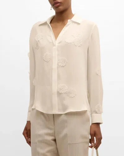 Elie Tahari Jaslynn Floral Applique Silk Blouse In Sand In Metallic