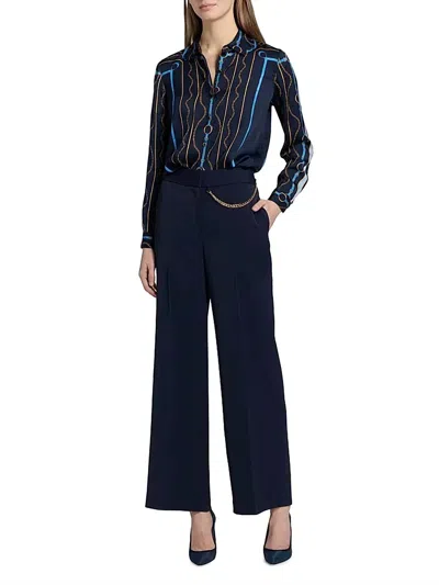 Elie Tahari Julianna Printed Blouse In Navy Chain In Blue