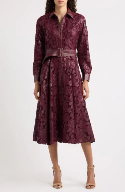 Elie Tahari Kennedy Faux Leather Trim Lace Shirtdress In Burgundy