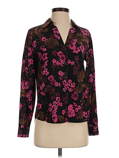 Pre-owned Elie Tahari Long Sleeve Silk Top Black Floral Pattern Collared Neckline Tops