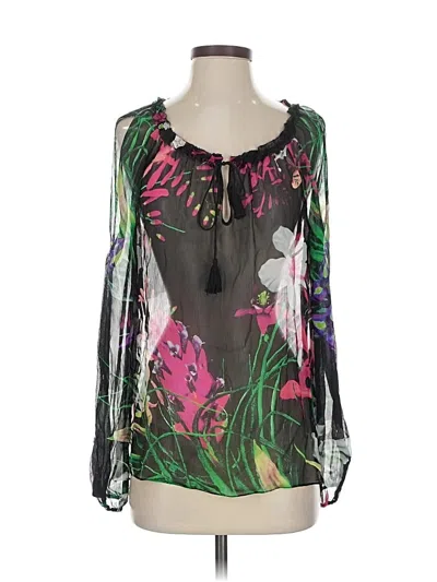 Pre-owned Elie Tahari Long Sleeve Silk Top Black Open Neckline Tops