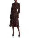 Elie Tahari The Mila Chain Print Pleated Long Sleeve Stretch Silk Midi Dress In Black