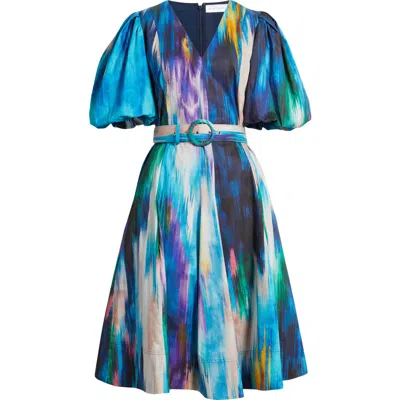 ELIE TAHARI ELIE TAHARI MIRIAM IKAT PRINT BELTED COTTON DRESS