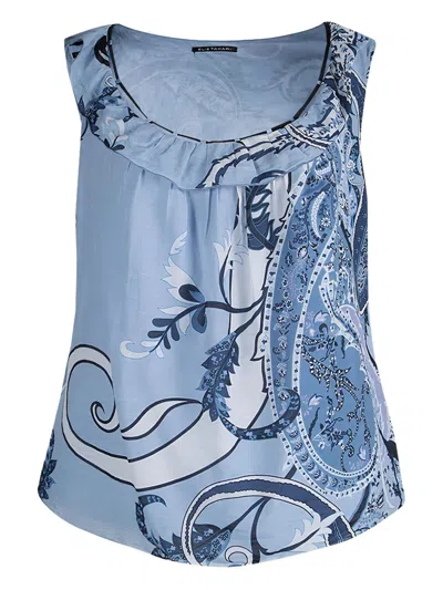 Pre-owned Elie Tahari Paisley-print Ruffle Top In Blue