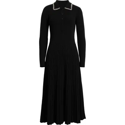 Elie Tahari Penny Embellished Collar Pleated Long Sleeve Cashmere Sweater Dress In Black