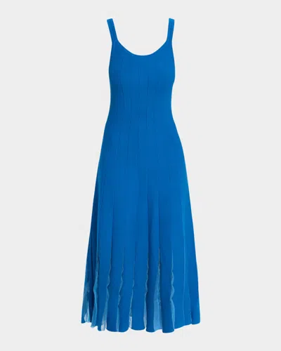 Elie Tahari Raelynn Rib-knit Pleated A-line Midi Dress In Blue