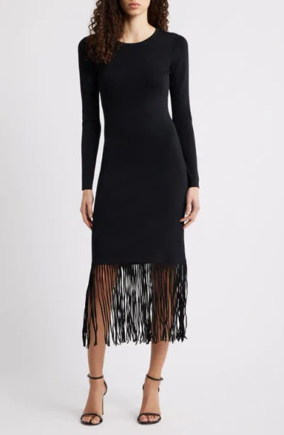 Elie Tahari Roma Fringe Hem Long Sleeve Body-con Dress In Black
