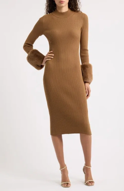 Elie Tahari The Savannah Faux Fur-cuff Midi Sweater Dress In Animal Print