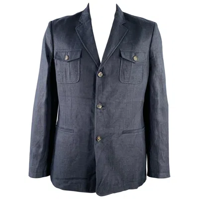 Pre-owned Elie Tahari Size 42 Redford Navy Hemp Linen Notch Lapel Jacket In Blue
